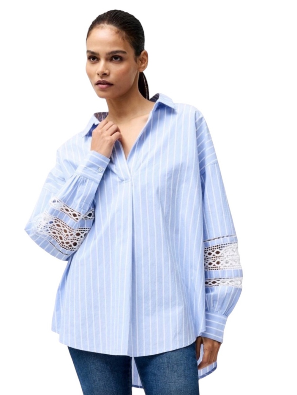 French Connection Cambria Blue Pinstripe Lace-Detail Shirt (NWT)